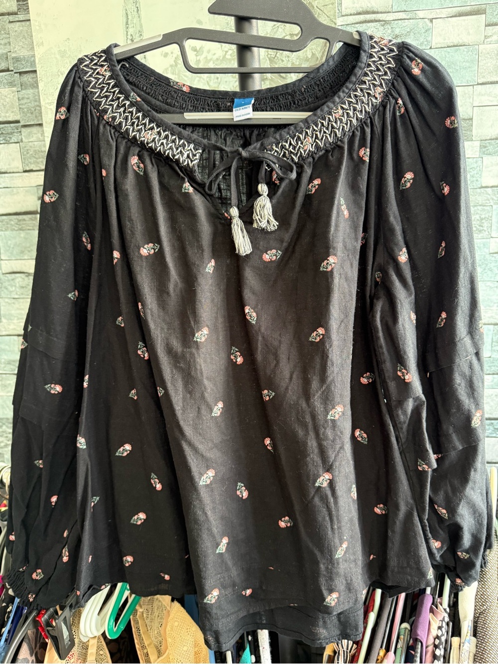 Old Navy Black Sheer Tie-Front Blouse with Cream Embroidery